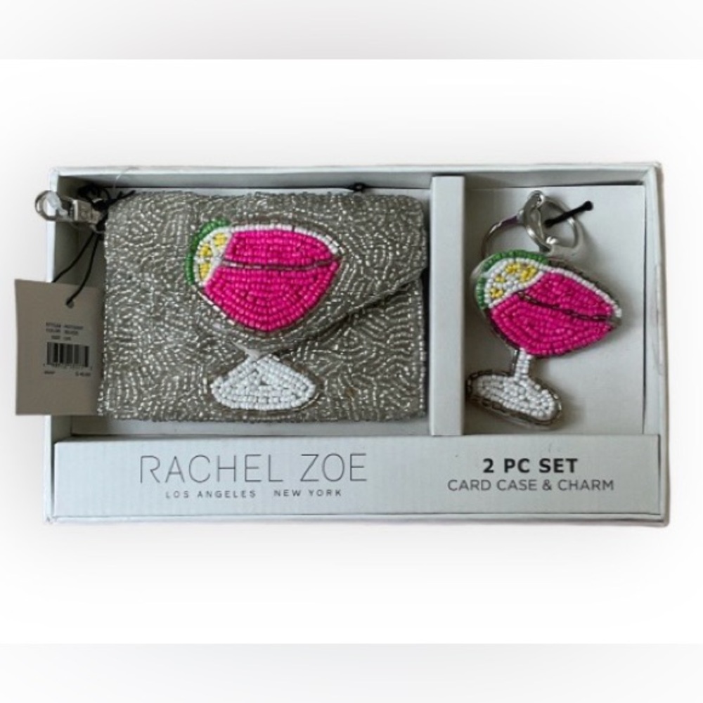 NWT Rachel Zoe Silver Beaded Card Case and Charm Gift Set Old Hollywood